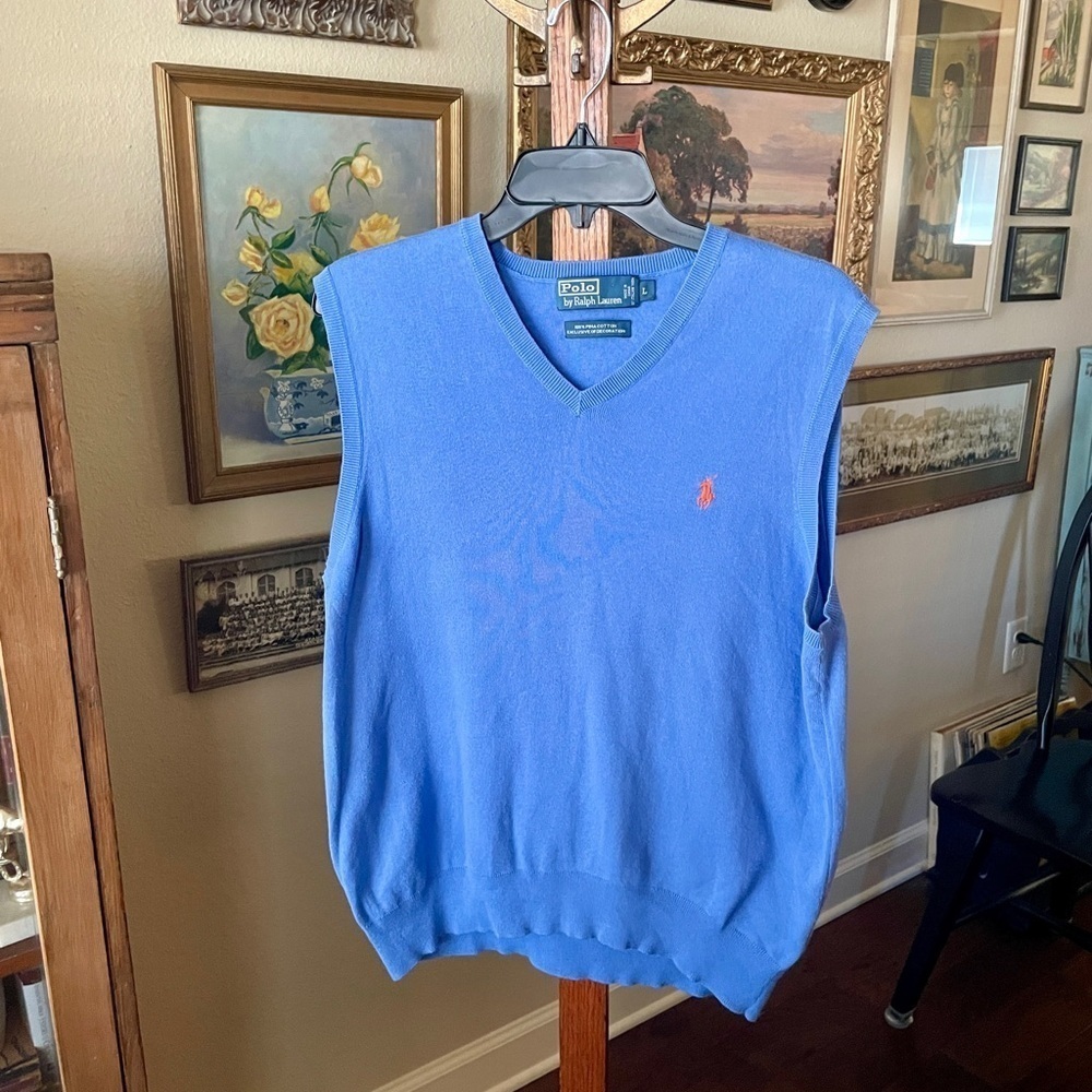 Polo Ralph Lauren men’s v-neck sweater vest 100% Pima cotton Large blue - Picture 2 of 7